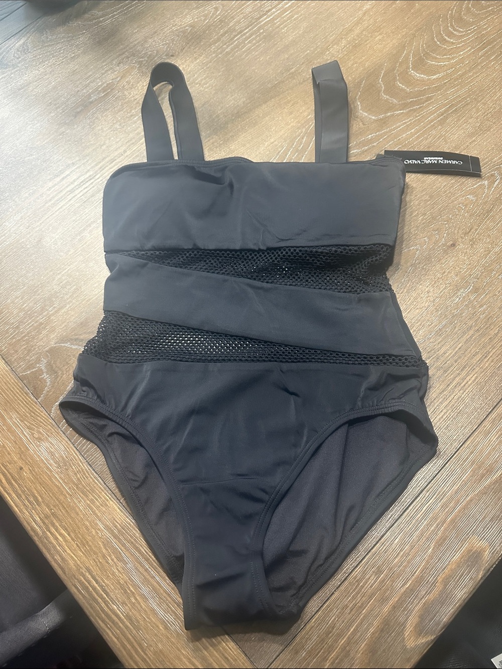 Carmen Marc Valvo Black One-Piece Swimsuit with Mesh Detail